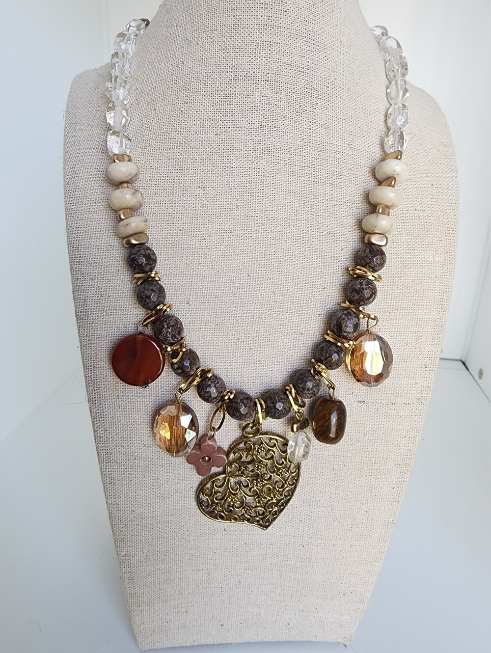 Boho statement necklace featuring natural Clear quartz and Agate Beads - Picture 3 of 6
